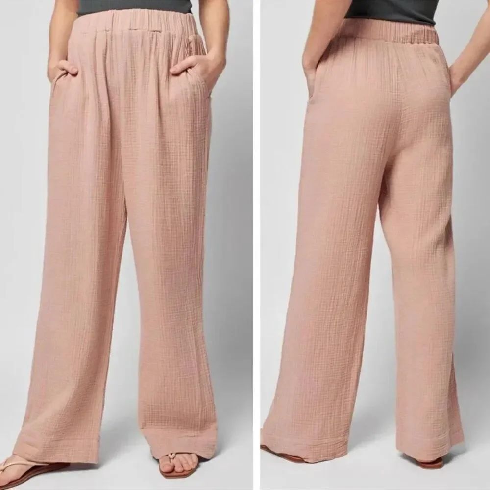 FAHERTY Dream Organic Double Gauze Cotton High Waist Wide Leg Pants Soft Peach